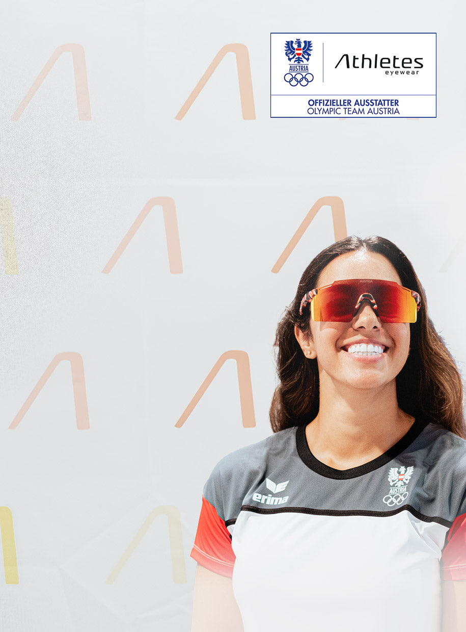 Mujer del equipo olímpico austriaco lleva gafas de sol deportivas de Athletes Eyewear